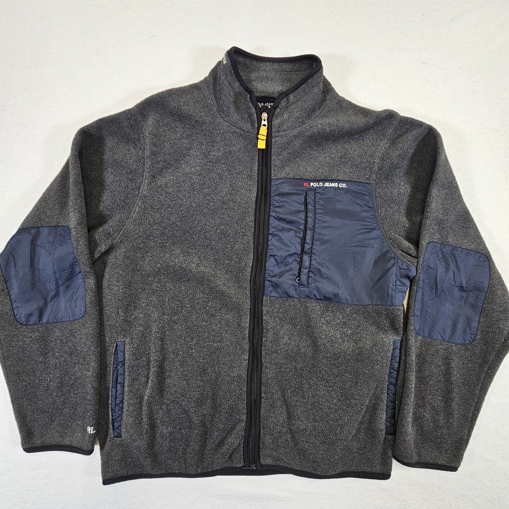 Ralph Lauren Polo Jeans Co RL67 Jacket Mens XL Gray Fleece Elbow Patches Vintage